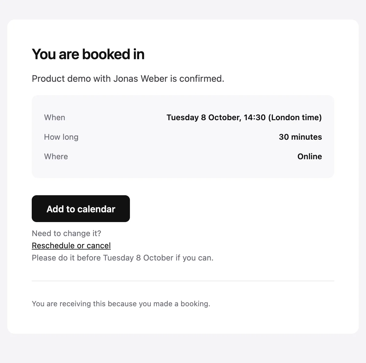 Preview of the Booking confirmed template