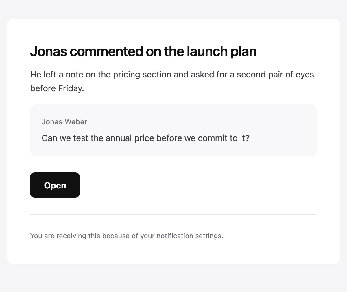 Preview of the Notification template